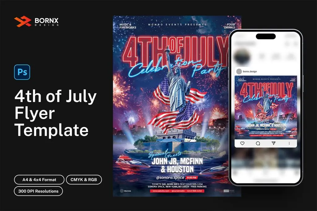 4th of july flyer template PSD in A4 and Instagram Post format
