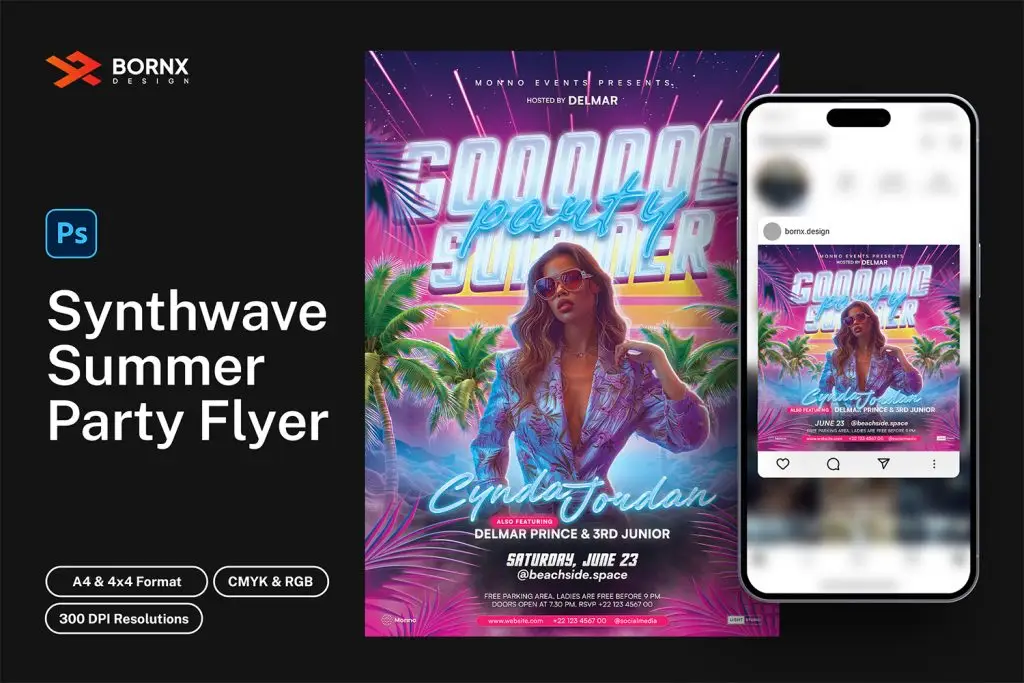 Synthwave summer flyer template psd