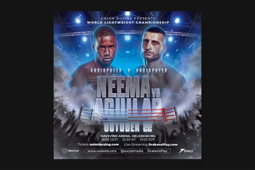 Realistic boxing event flyer template highlighting the fighters in a crowded arena, easily customizable for any sports event advertisement.