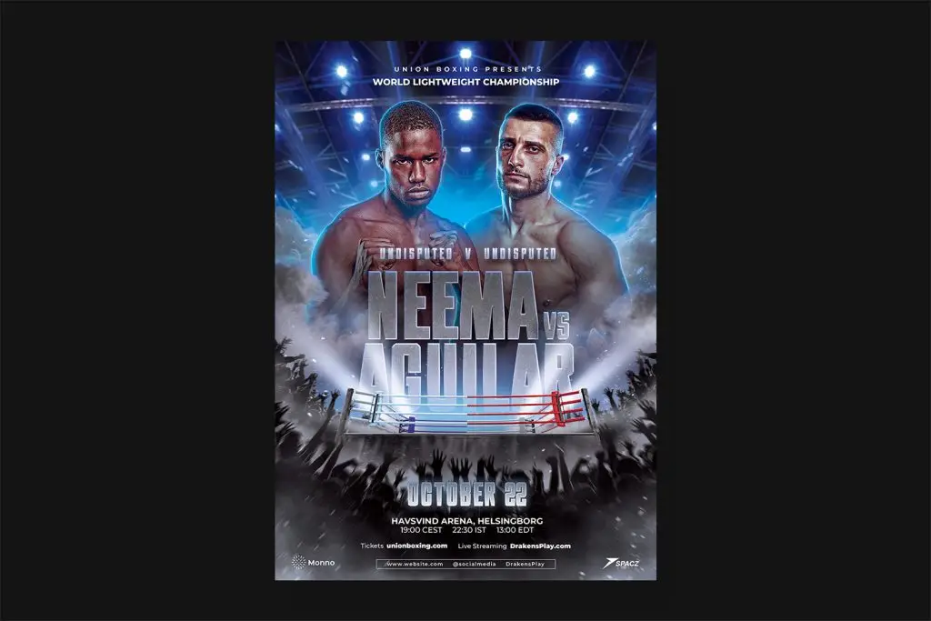 Professional boxing flyer design featuring two fighters in an arena with bold typography and dynamic background, customizable in Photoshop.