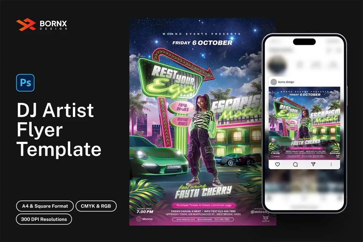 A preview image showcasing a vibrant DJ artist flyer template designed for promotional use. The flyer features a neon sign with the text "Rest Your Ego" and "Escapism Motel," highlighting the DJ artist Fayth Cherry. The background includes a stylish, neon-lit motel scene with a modern car, creating a retro-futuristic atmosphere perfect for nightlife events. Available in A4 and square formats, this template is ideal for music events and club promotions.