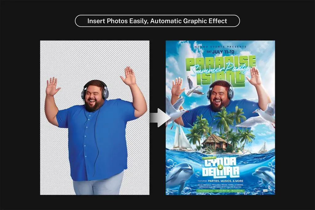 Editable summer flyer template with an easy photo insertion feature and automatic graphic effects. Perfect for customizing beach party promotions with your own photos.