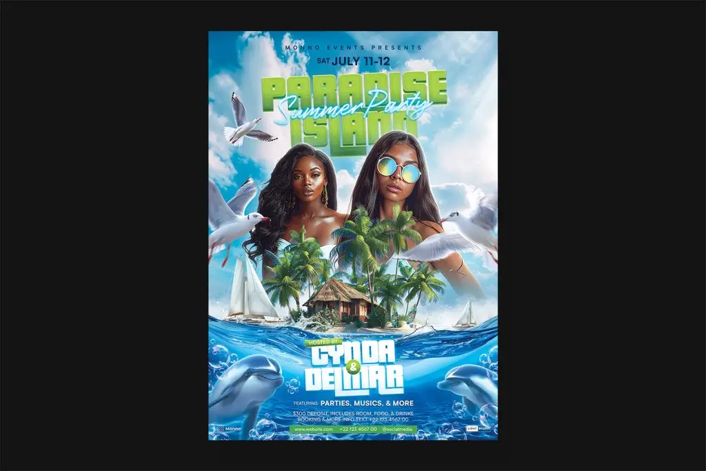 High-quality summer flyer template with a tropical island design, perfect for beach party promotions. Includes vibrant visuals of palm trees, sea, and dolphins.