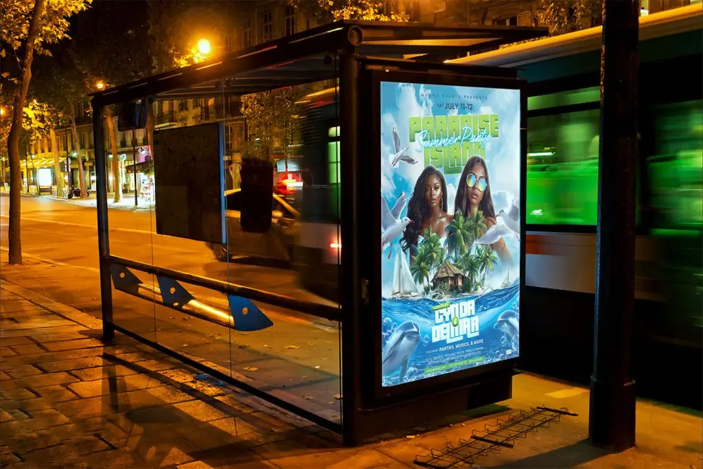 Dynamic summer flyer template displayed in a bus stop ad format. Showcases a tropical paradise design, ideal for promoting summer events and beach parties.