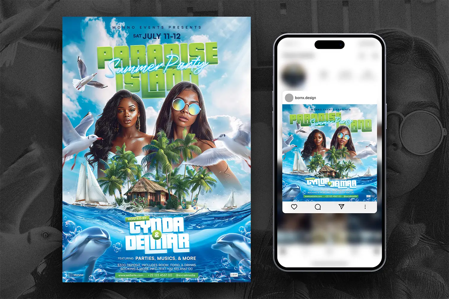 Summer flyer template optimized for social media and print. Features a tropical island theme with palm trees, dolphins, and customizable event details.