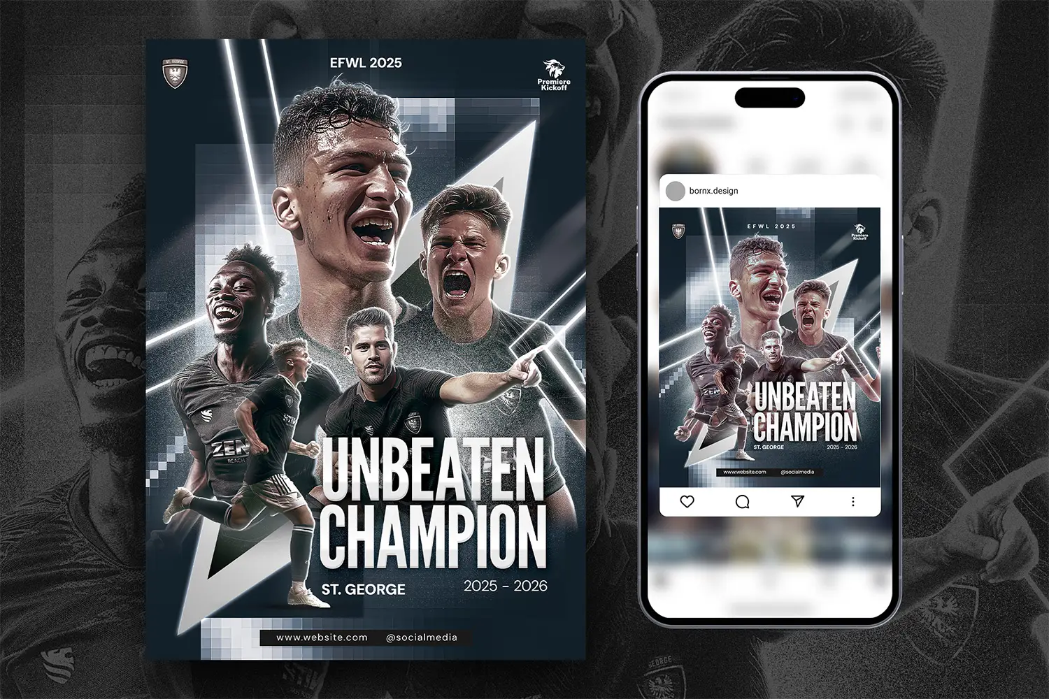 Football flyer template optimized for social media and print. Features a champion theme with dynamic player images and customizable text for event details.