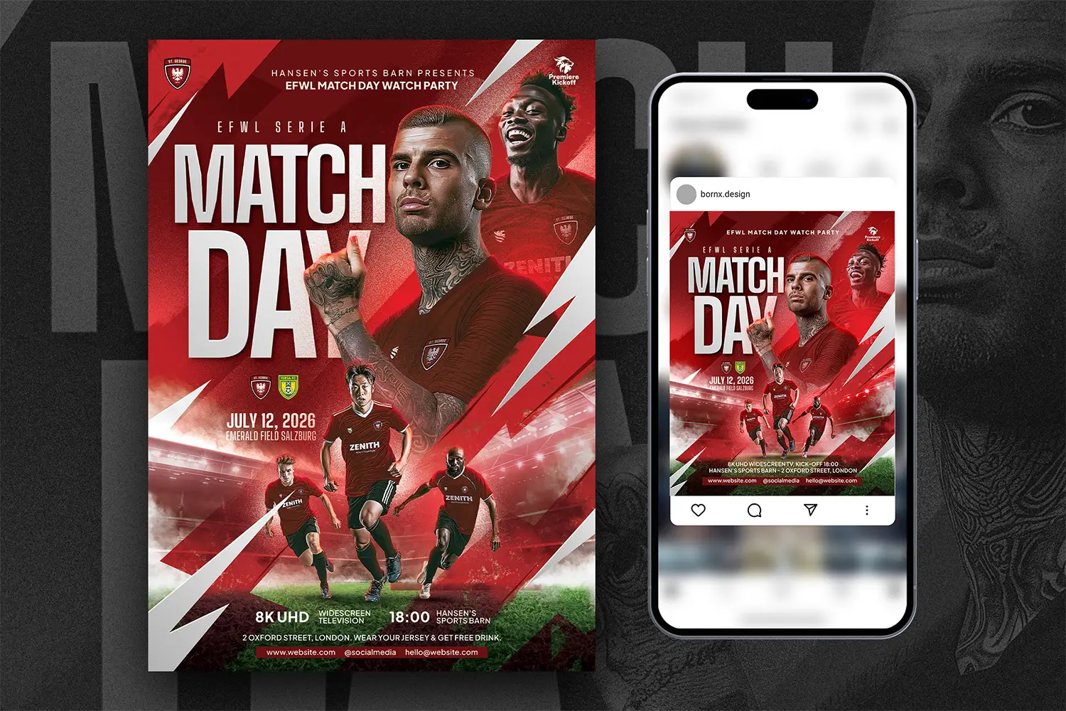 Football flyer template optimized for social media and print. Features a bold match day design with action shots of football players and customizable text.