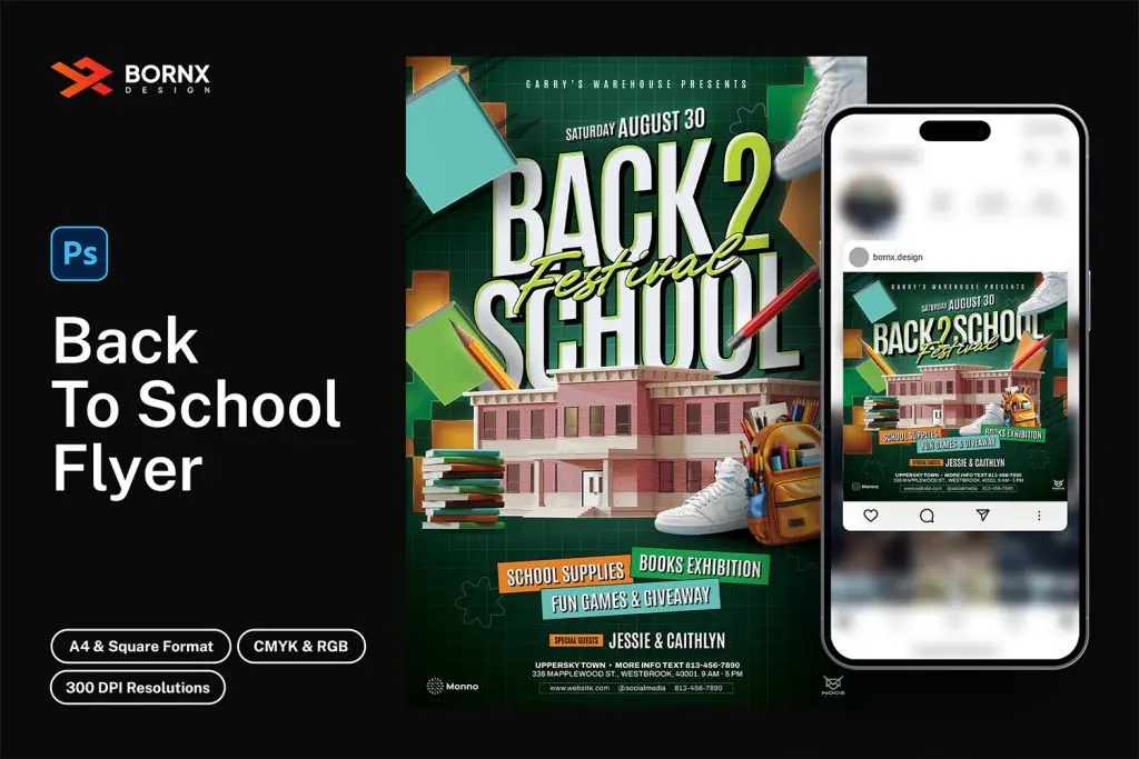 Back to School Festival Flyer Template showing a vibrant design featuring school supplies, a backpack, and a school building. Perfect for promoting back-to-school events and festivals. Editable in Photoshop with A4 and square formats, CMYK & RGB color modes, and 300 DPI resolutions.