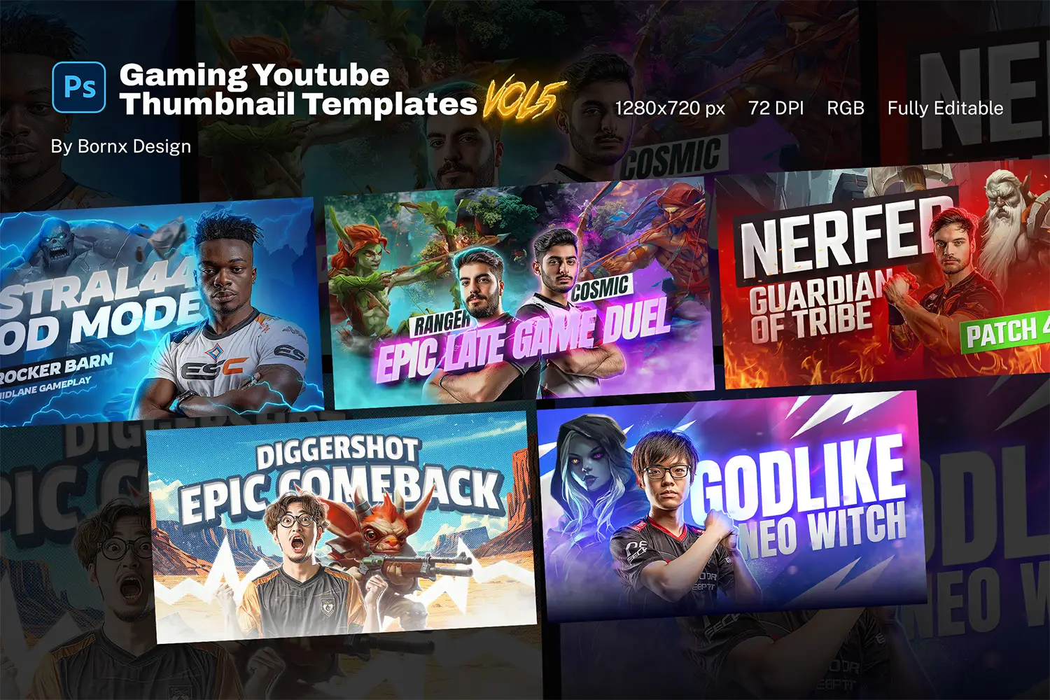 Preview of a Gaming YouTube Thumbnail Template pack in PSD format, featuring multiple editable thumbnails designed for various gaming themes. Ideal for showcasing gaming content on YouTube.