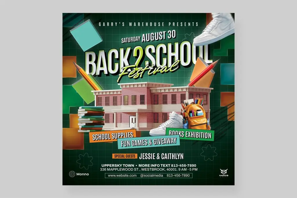 Back to School Festival Flyer Template with a creative layout showcasing school supplies, a large school building, and event details. Ideal for advertising educational events, book exhibitions, and fun games. Customizable in Photoshop with A4 and square formats, CMYK & RGB color modes, and 300 DPI resolutions.
