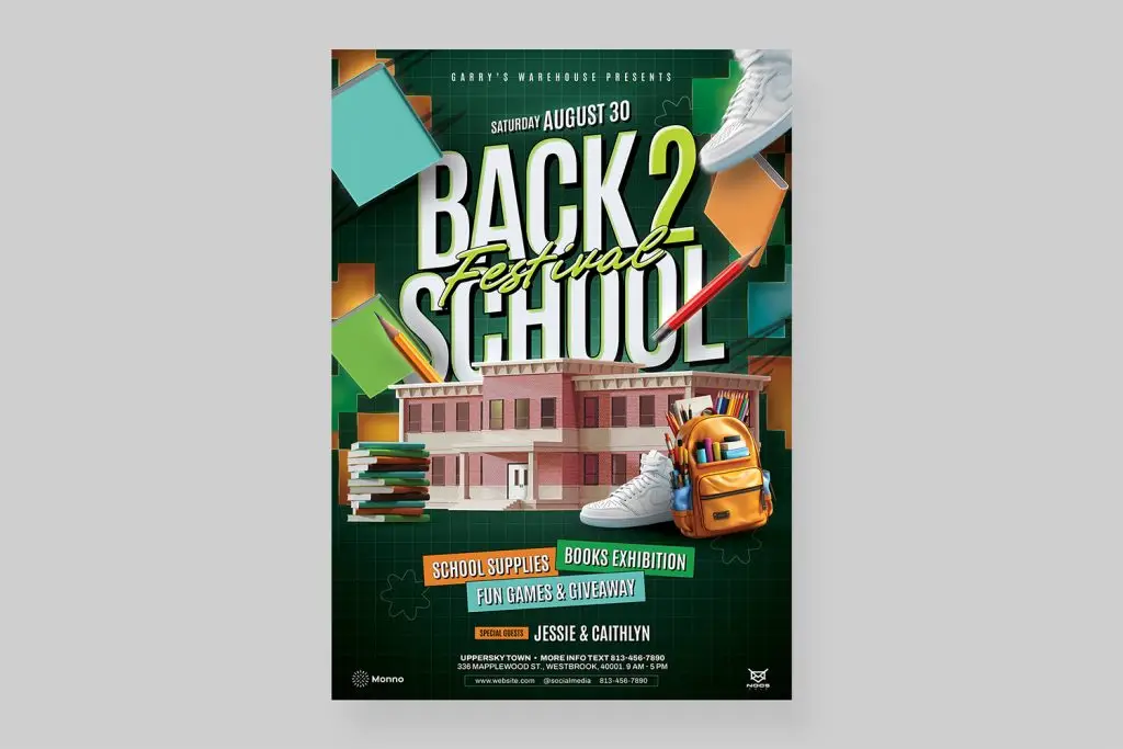 Back to School Festival Flyer Template highlighting a colorful design with a school building, school supplies, and an inviting event invitation. Suitable for back-to-school promotions, featuring A4 and square formats, CMYK & RGB color modes, and 300 DPI resolutions. Editable in Photoshop.