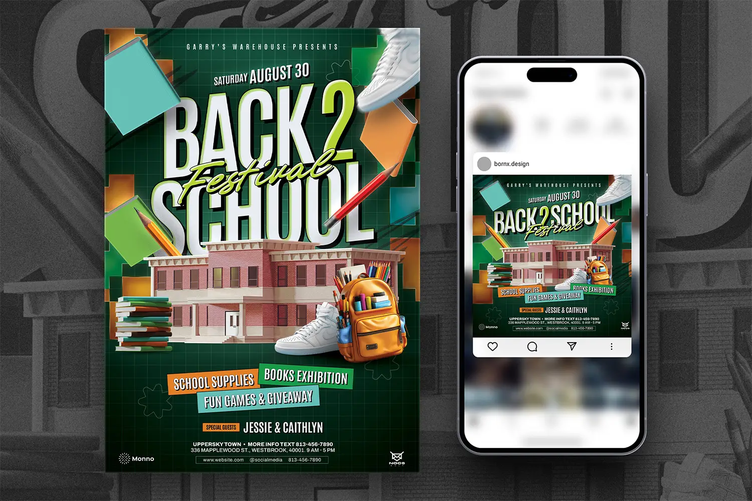 Back to School Festival Flyer Template presented alongside a mobile preview, showcasing a vibrant and detailed design with school supplies, a backpack, and a school building. Perfect for event promotions. Editable in Photoshop with A4 and square formats, CMYK & RGB color modes, and 300 DPI resolutions.