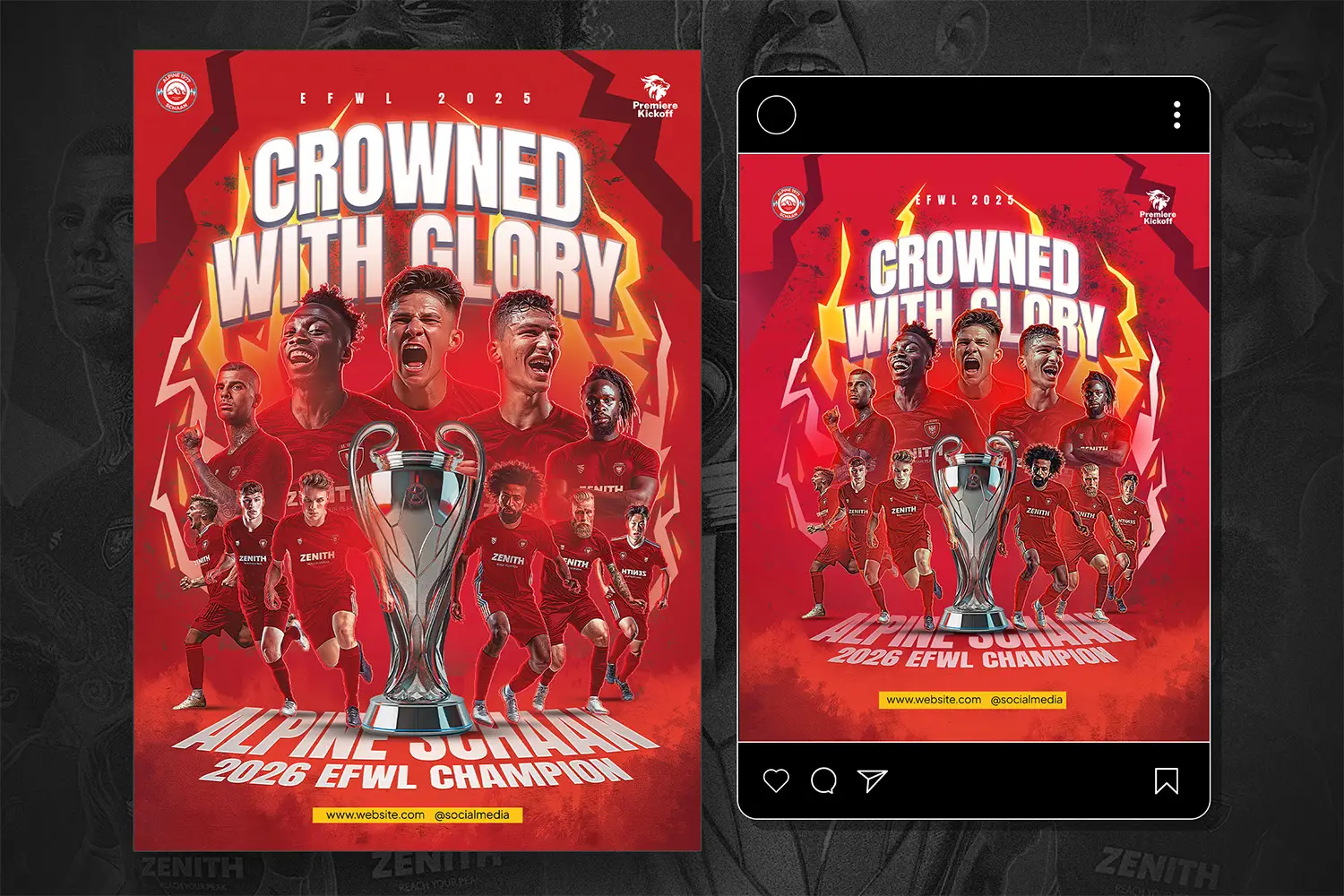 Football flyer template featuring an unbeaten champion theme with bold typography and dynamic player images. Perfect for promoting football events and celebrating champions.