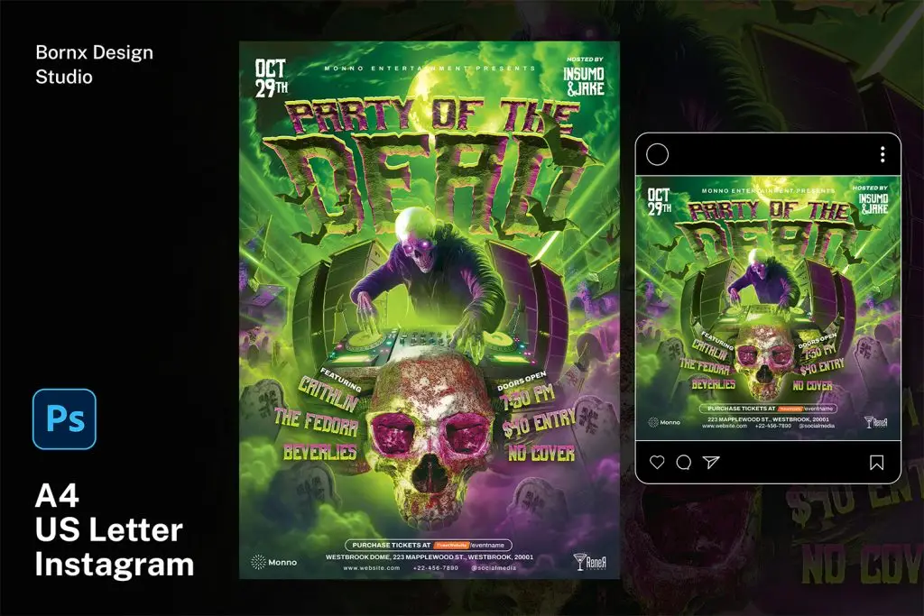 Halloween party flyer template PSD download. Available in A4, US Letter, and square for social media post.