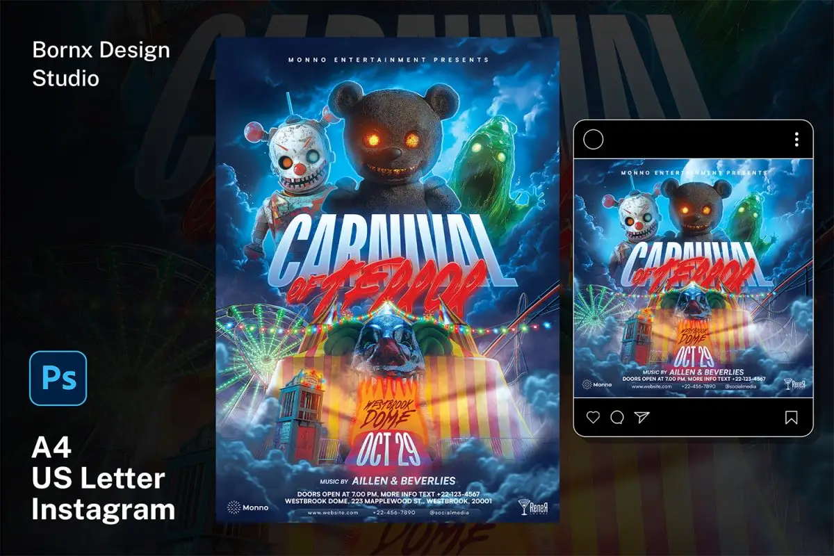Horror carnival halloween flyer template PSD download