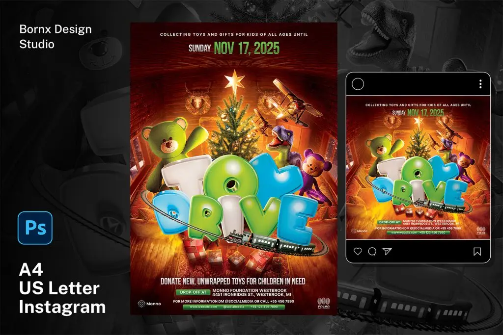 Download this editable Toy Drive flyer template PSD, perfect to promote your holidays Toy Drive toy charity event.