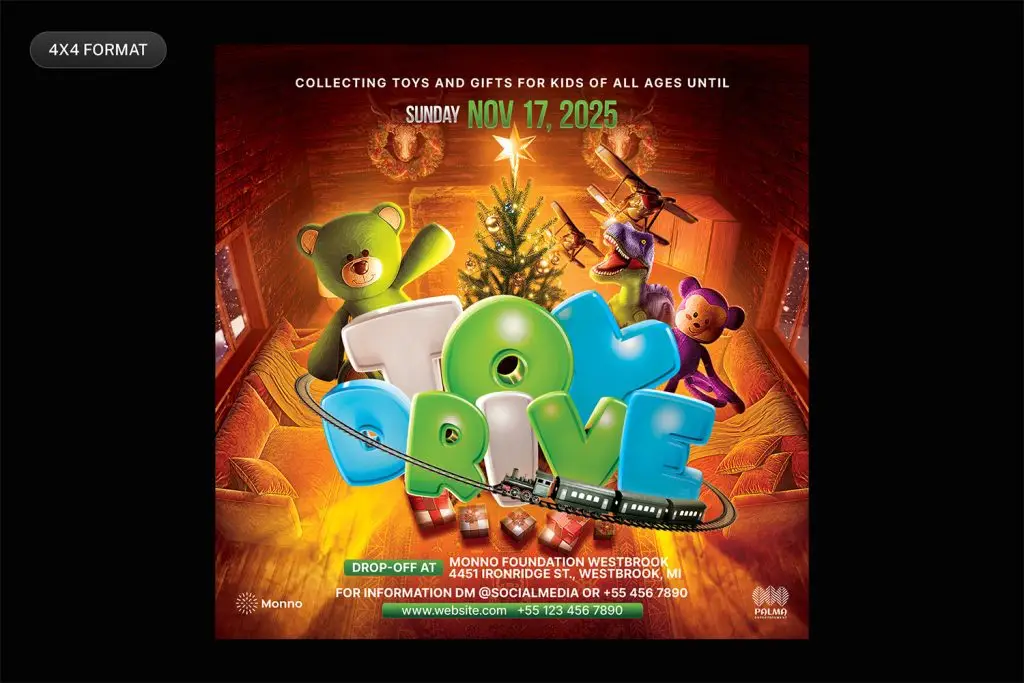 Download this editable Toy Drive flyer template PSD, perfect to promote your holidays Toy Drive toy charity event.