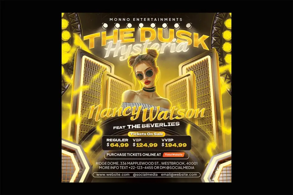 Download DJ flyer template PSD. Fully editable and available in A4, US Letter, and Instagram formats, it allows you to customize colors, text, and images.