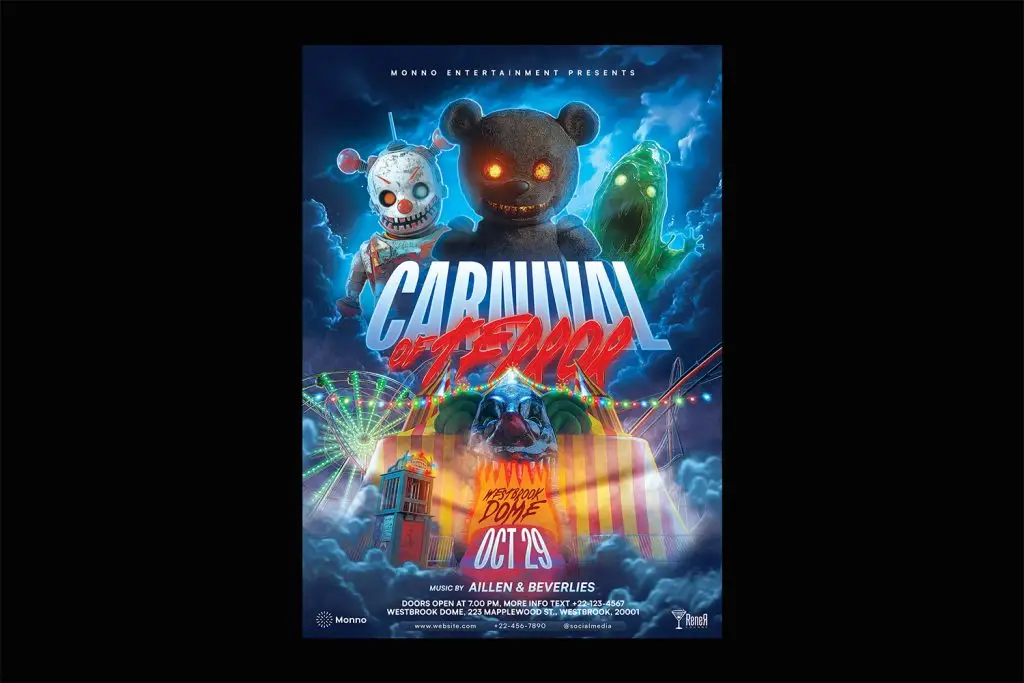 Horror carnival halloween flyer template PSD, A4 format