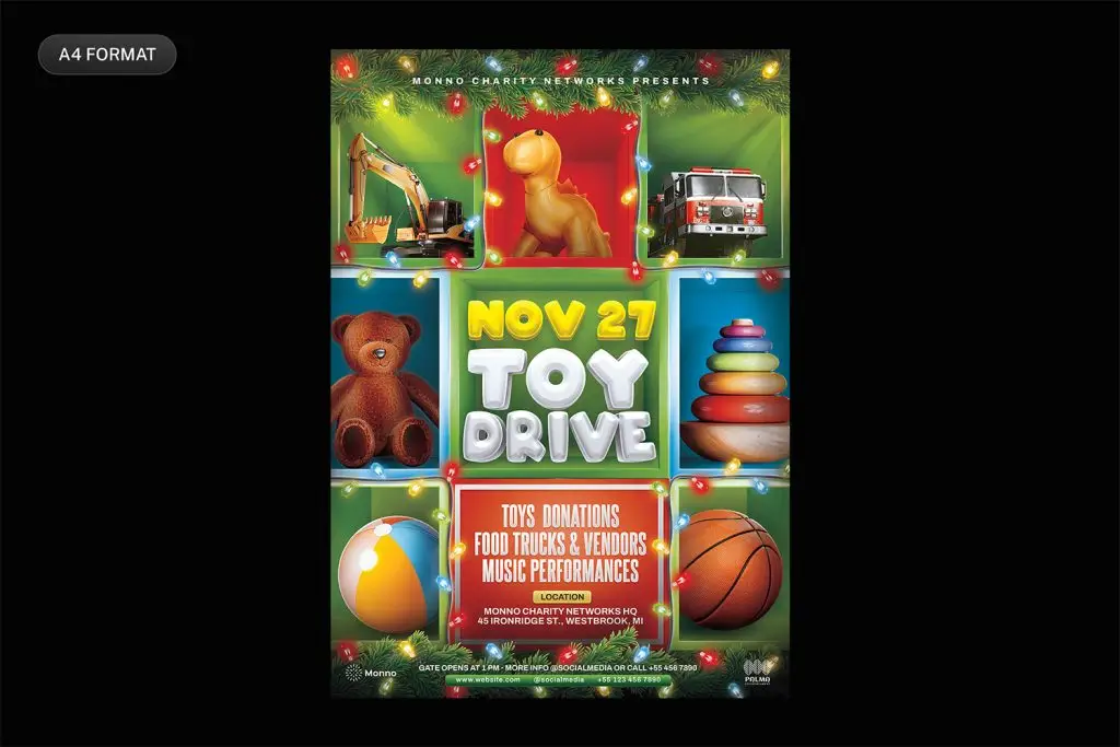 Toy Drive flyer design template PSD download.