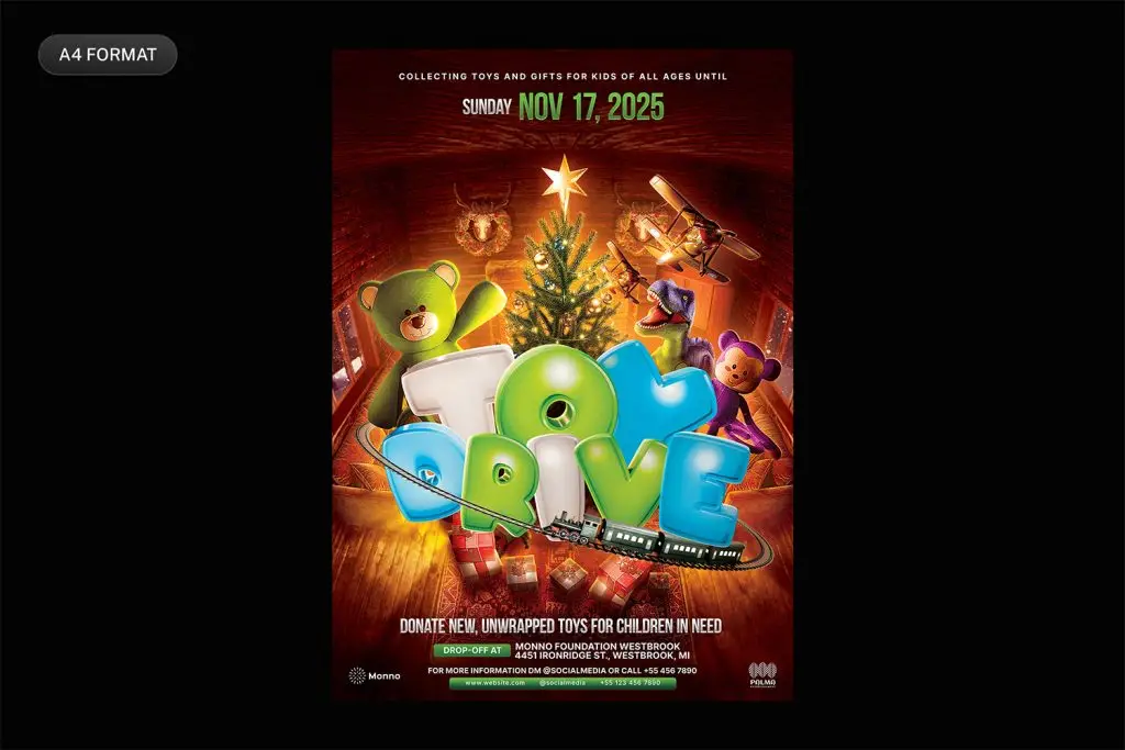 Download this editable Toy Drive flyer template PSD, perfect to promote your holidays Toy Drive toy charity event.