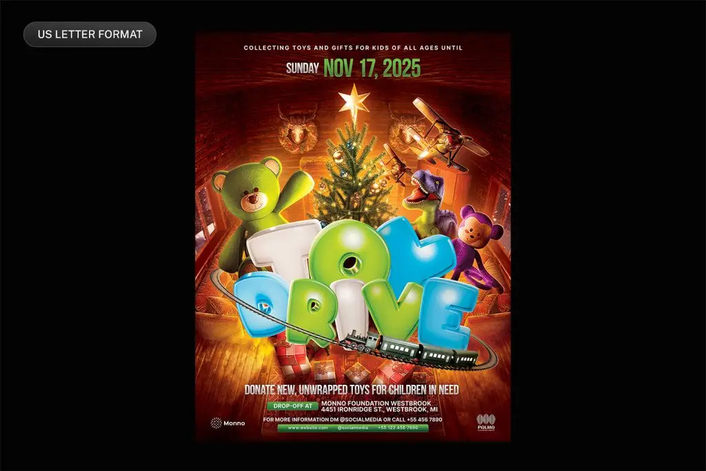 Download this editable Toy Drive flyer template PSD, perfect to promote your holidays Toy Drive toy charity event.