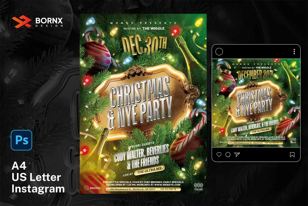Christmas NYE flyer template PSD download