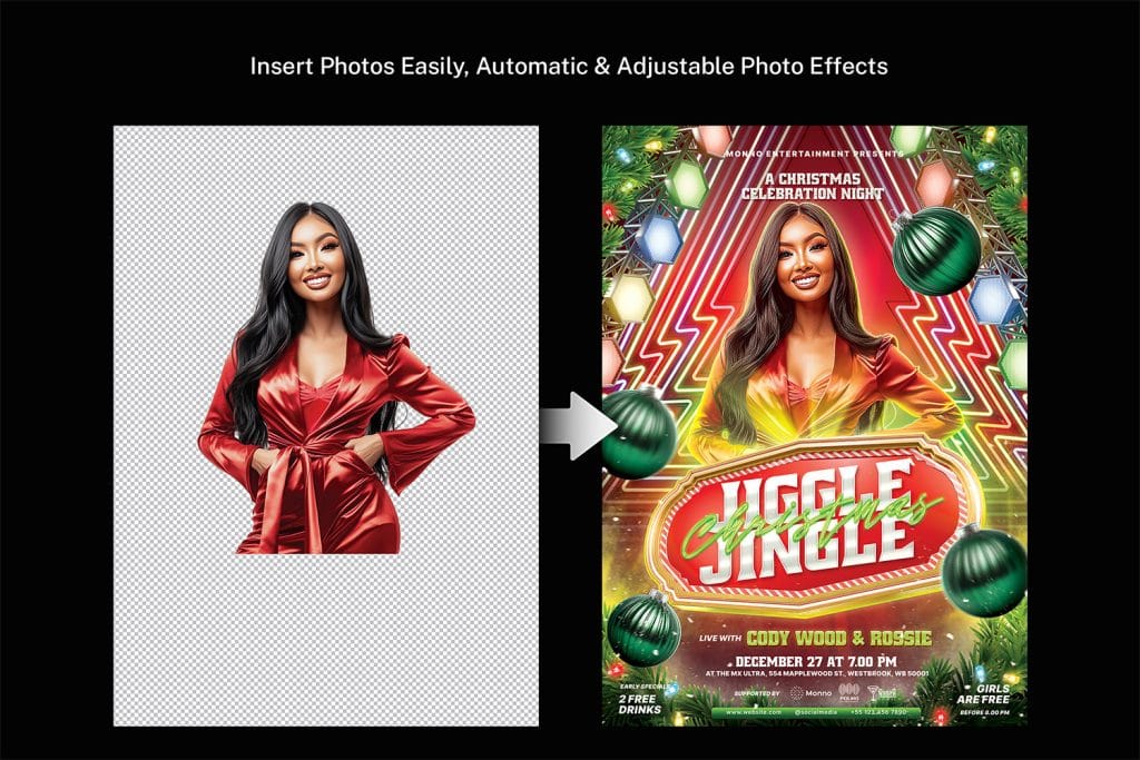 Christmas party flyer template PSD download.