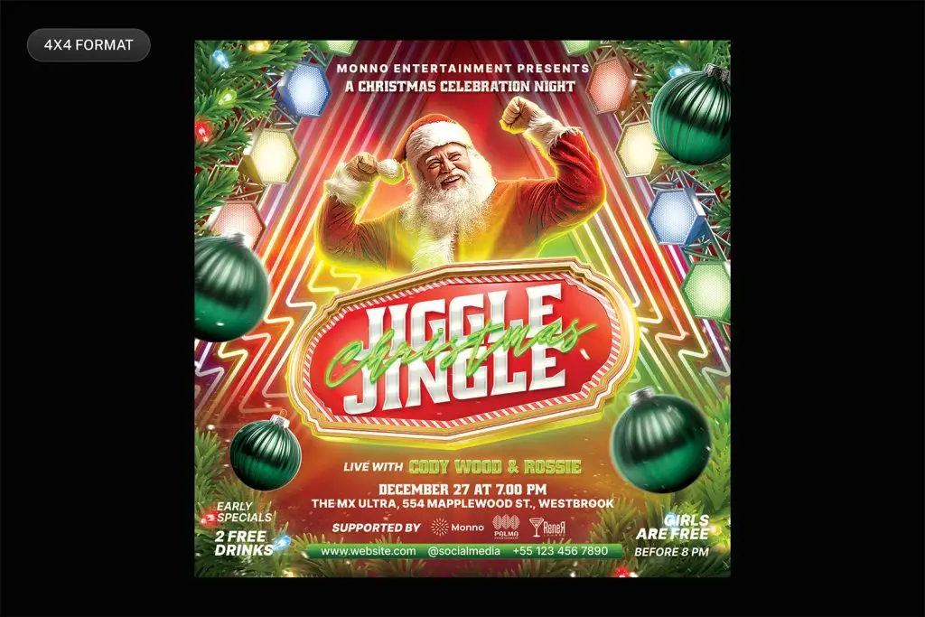 Christmas party flyer template PSD download.