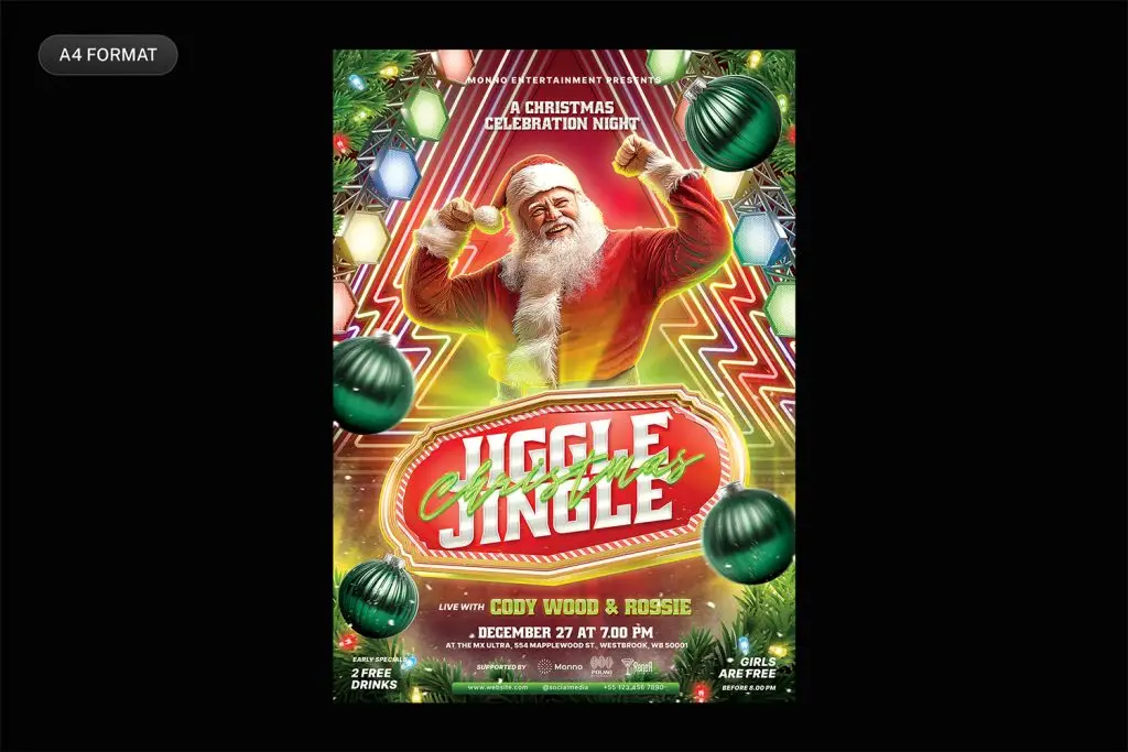 Christmas party flyer template PSD download.
