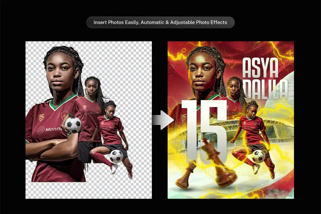 Insert-ready football Instagram post graphic template with automatic photo effects, designed for impactful social media posts.