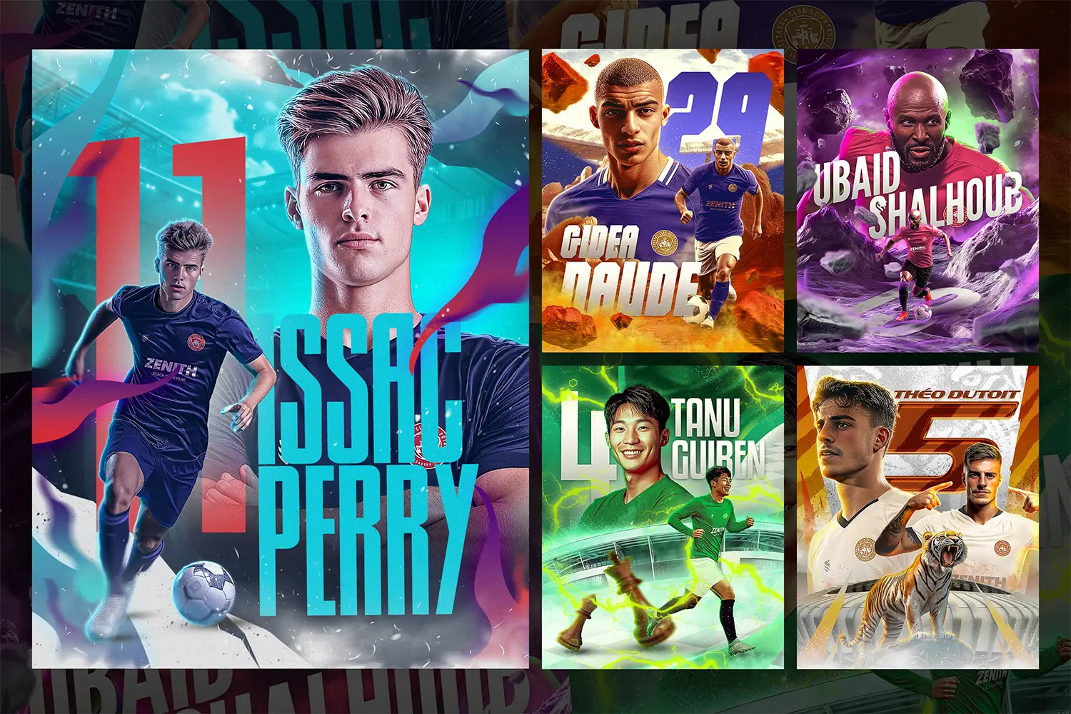 Collage of sports-themed Instagram post templates PSD featuring dynamic football players, customizable PSD files for high-impact promotions.