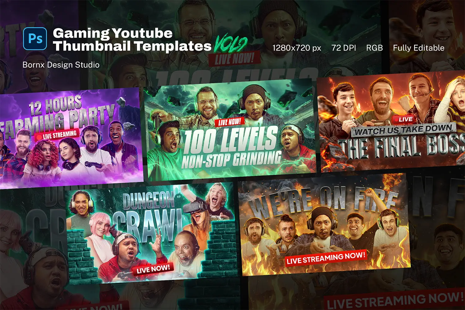 A set of vibrant Photoshop templates (PSD format) for gaming live streams. Fully layered and editable with 300 DPI resolution, perfect for YouTube gamers and streamers. Features bold headlines and dynamic effects for maximum engagement.