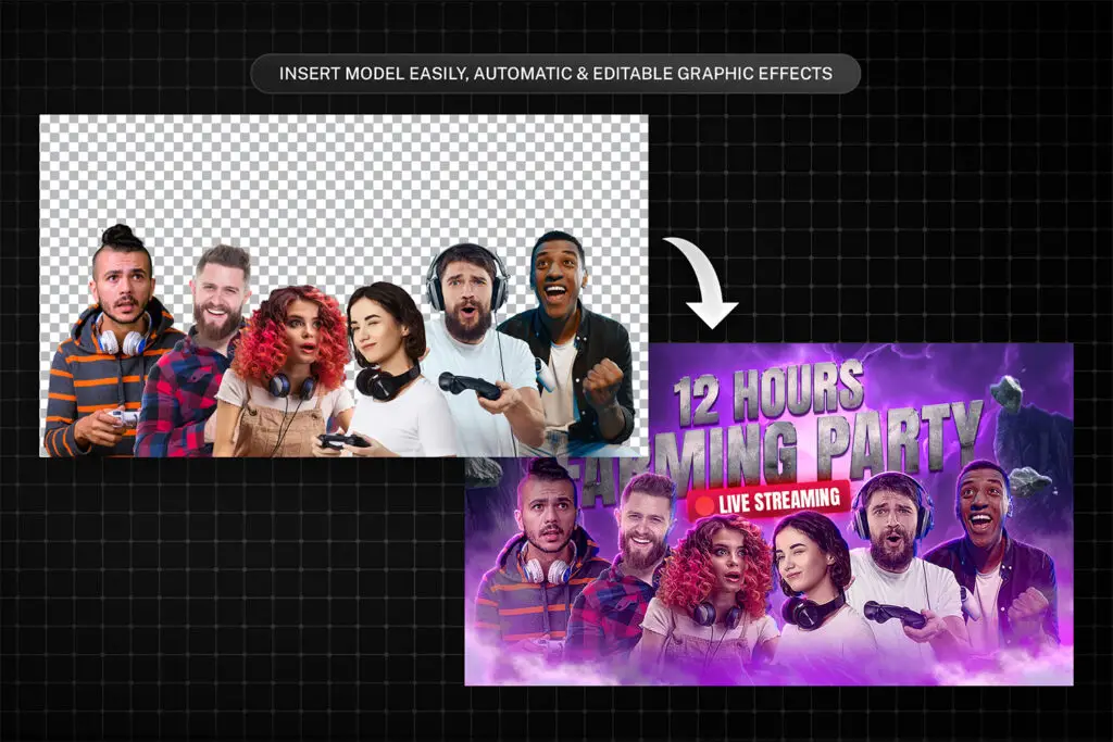Photoshop files (PSD) with pre-designed layers, ideal for creating professional YouTube gaming thumbnails with customizable colors and effects.