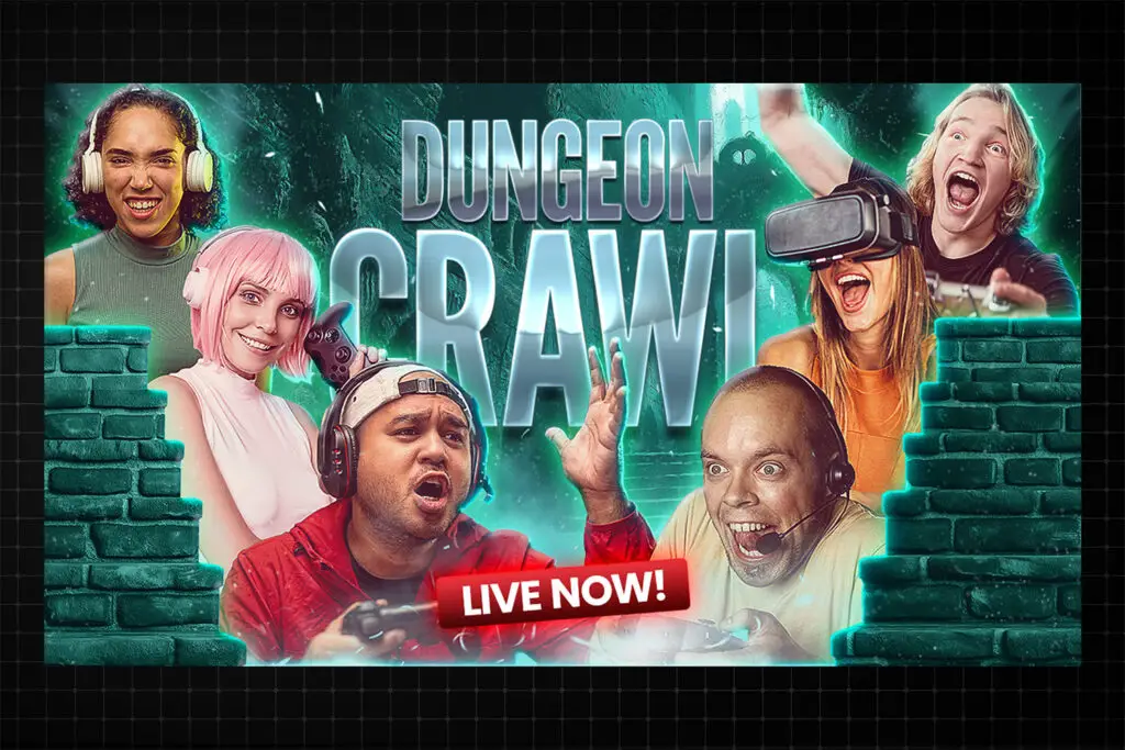 A customizable PSD template featuring teal accents and exciting dungeon-themed elements. Fully editable and layered for YouTube gaming content.