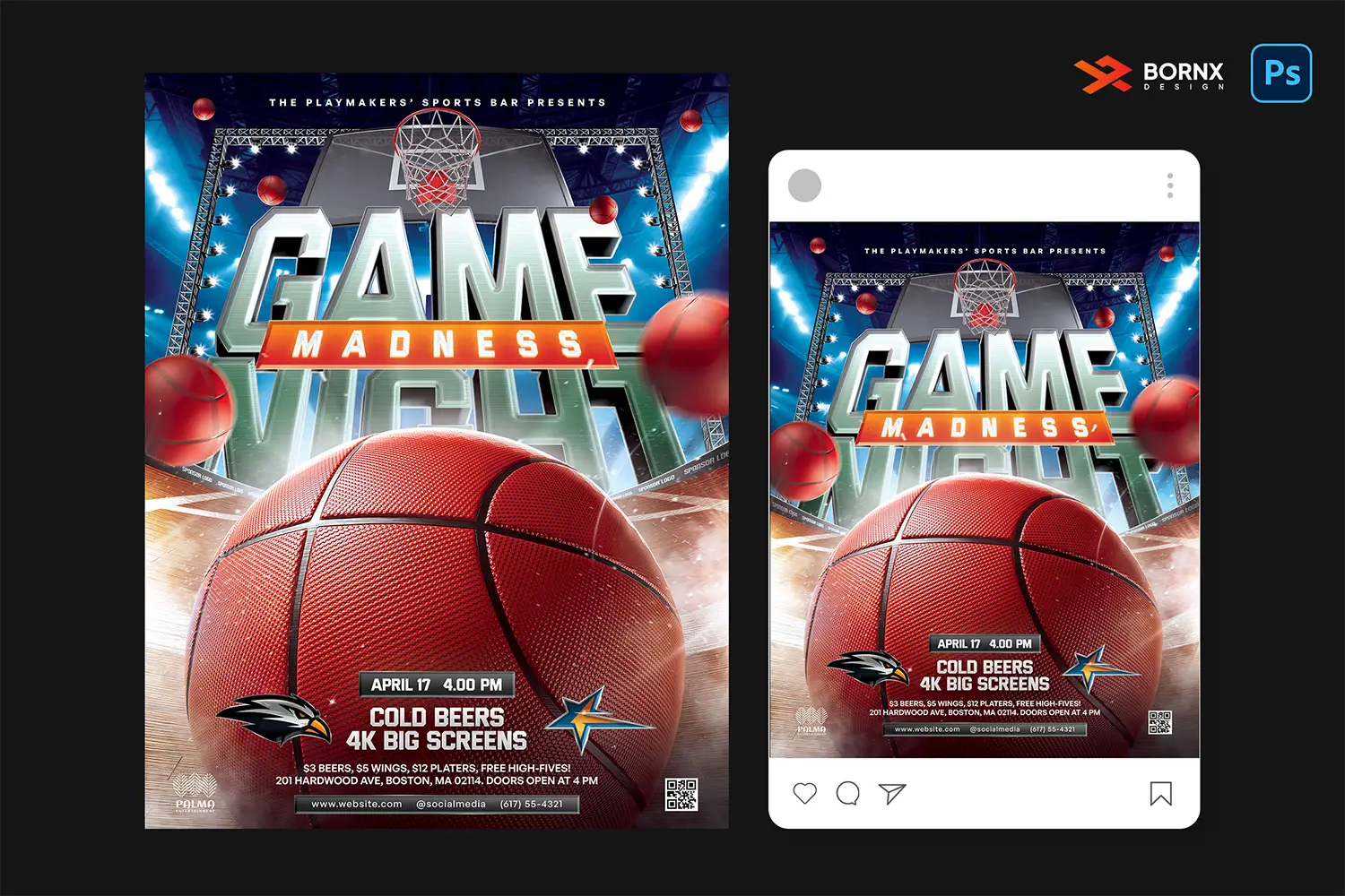 Basketball flyer template for sports bars and tournaments featuring a dynamic design with a large basketball, stadium lights, and bold typography. Fully editable PSD file for Photoshop in US Letter, A4, and Instagram Post formats.