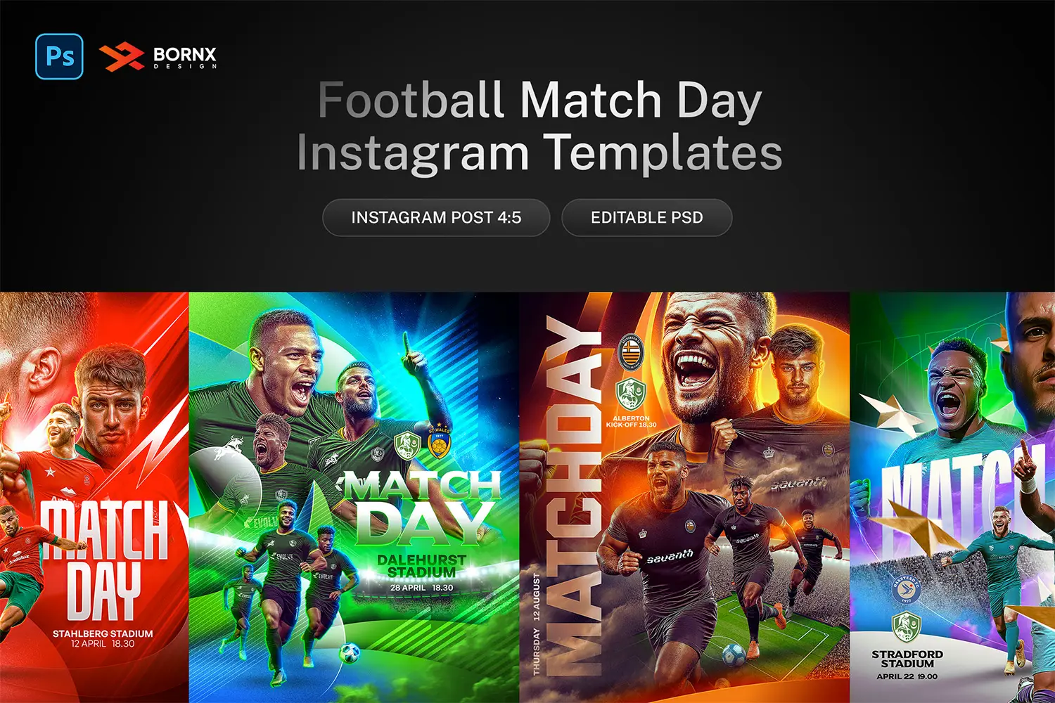 Football match day Instagram templates with customizable PSD designs for player photos and colors.