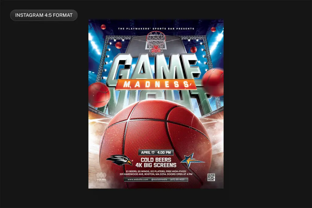 Basketball camp flyer template with an energetic and eye-catching design featuring a large basketball, stadium setting, and event details. A fully customizable PSD template for sports promotions and game night advertisements.
