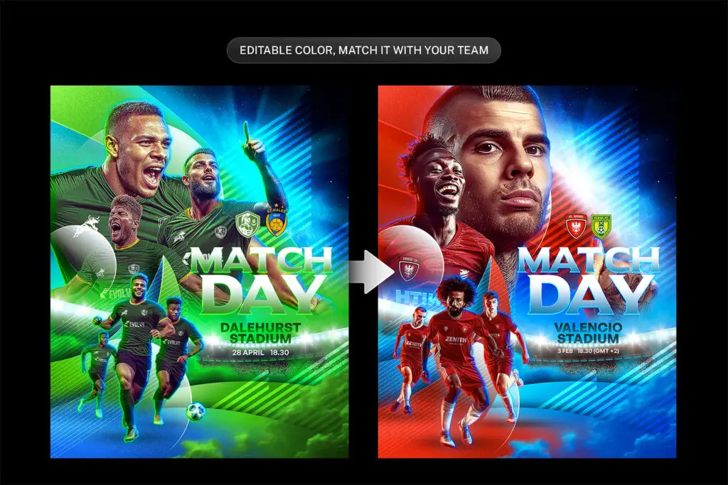 Football club Instagram templates featuring match day graphics with team colors and editable text options.