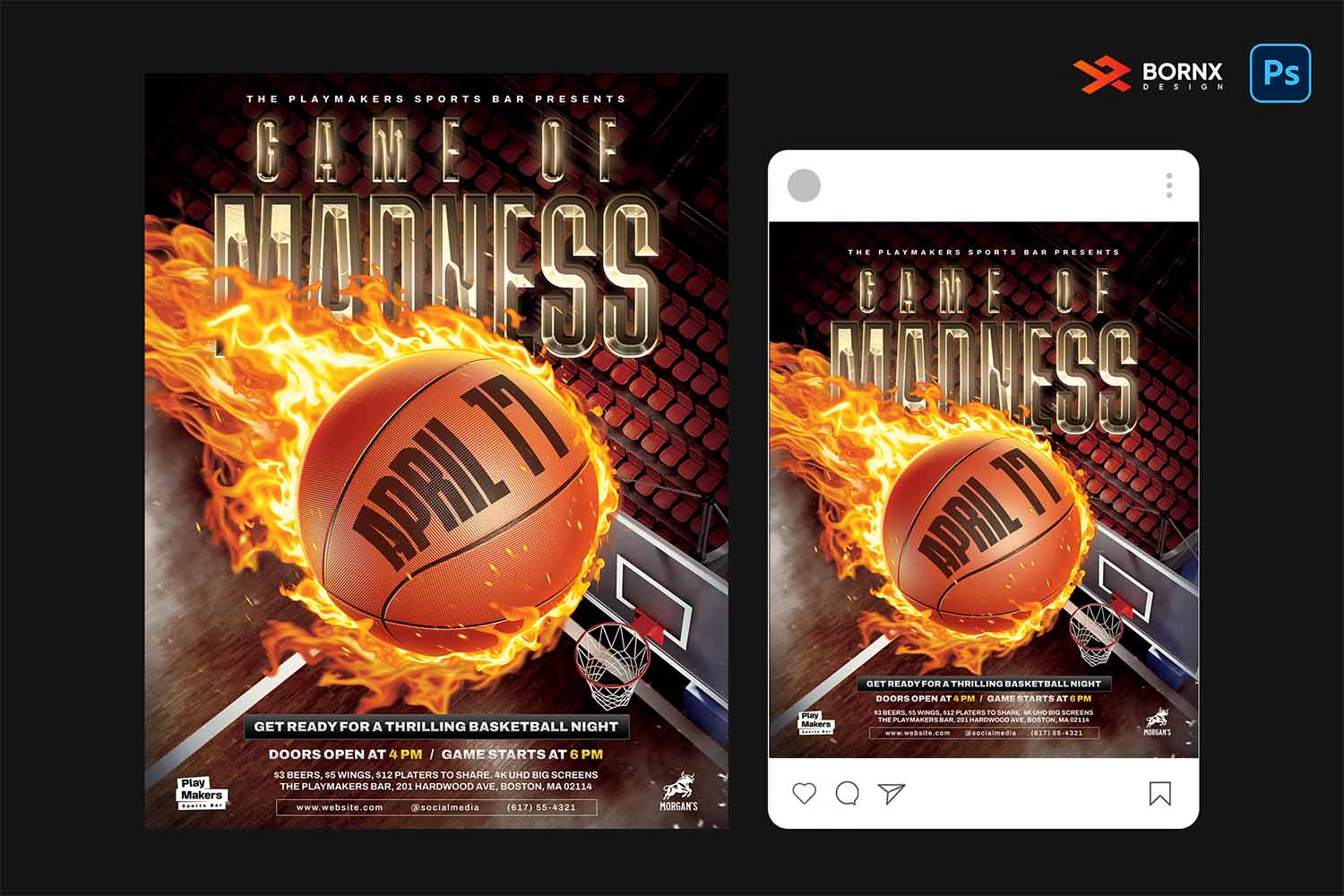 Dynamic basketball event flyer template featuring a flaming basketball, bold metallic typography, and a stadium background. Editable PSD design for sports bar promotions, tournaments, and game night parties.