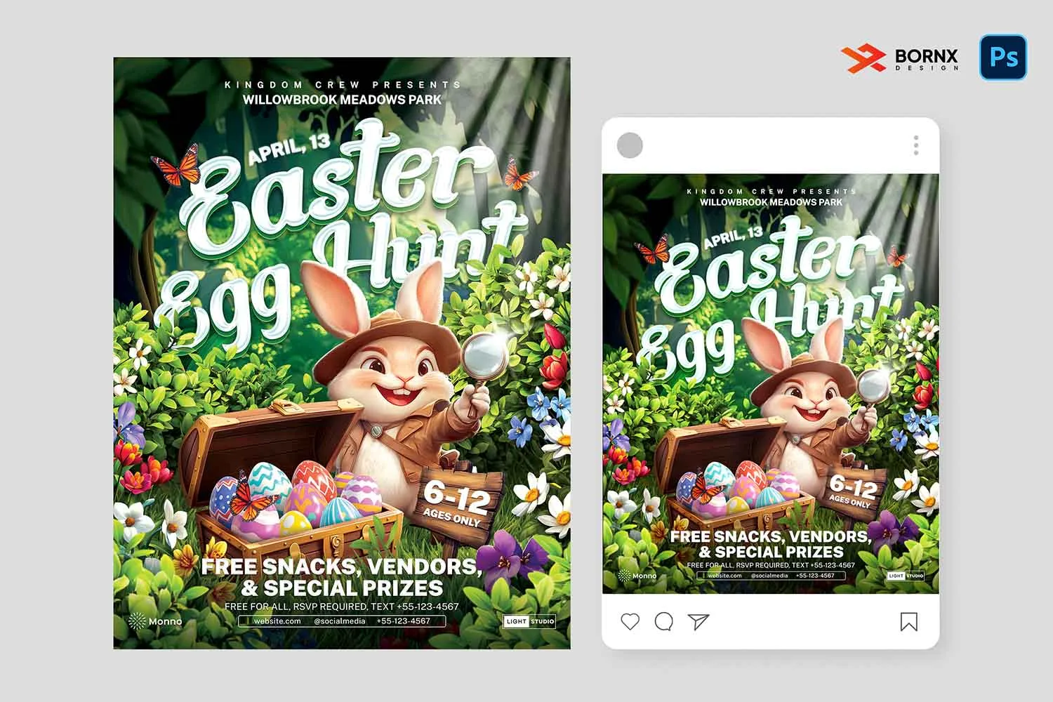 Colorful Easter Egg Hunt flyer template featuring a cheerful cartoon rabbit, a treasure chest full of decorated Easter eggs, and lush green foliage. Editable PSD design for family-friendly event promotions.