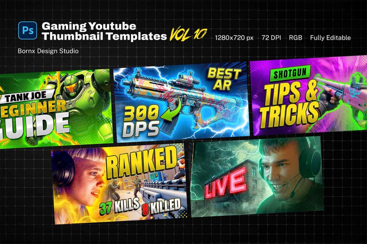 Gaming YouTube thumbnail template pack for streamers and content creators. Features high-energy FPS, battle royale, and shooter game thumbnails with bold text, lightning effects, and action-packed graphics. Fully editable PSD templates.