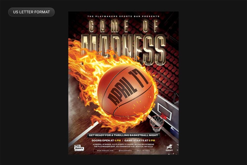 Basketball flyer design in US Letter format, showcasing a fiery basketball and bold 3D text. Perfect for promoting sports bars, basketball tournaments, and game night events. Fully customizable in Photoshop.
