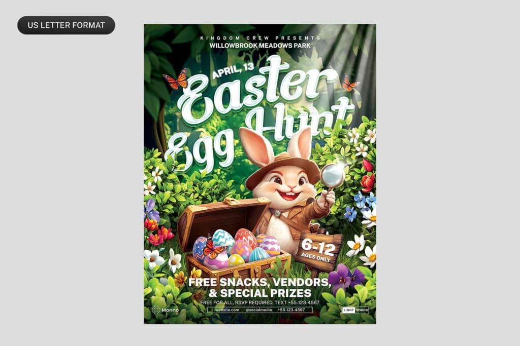 Easter Egg Hunt event flyer in US Letter format. Features a playful bunny detective with a magnifying glass, vibrant Easter eggs, and nature-inspired background. Perfect for printable and digital event promotions.