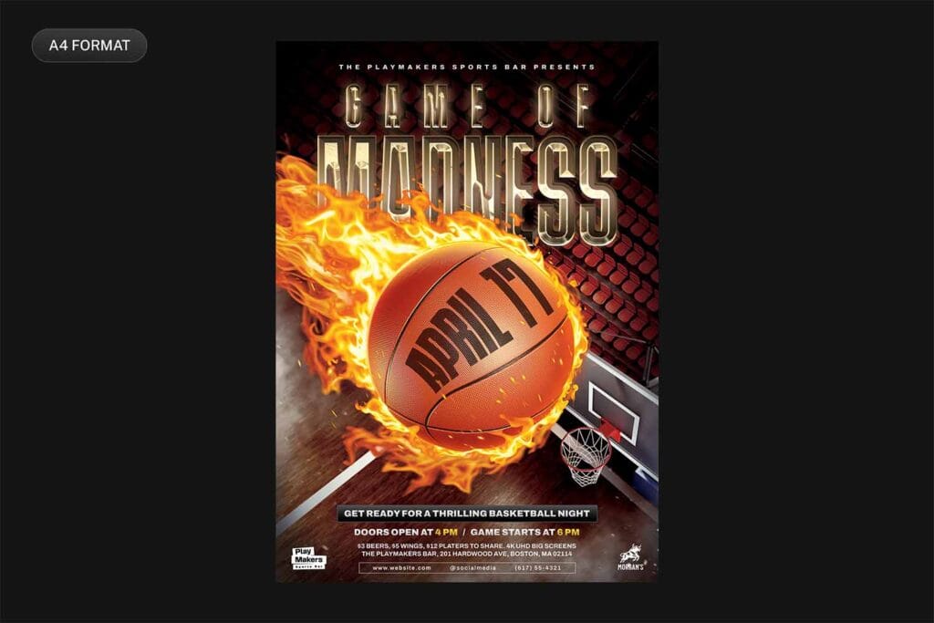 High-energy basketball game night flyer template in A4 format. Features a dramatic flaming basketball, metallic 3D typography, and arena-style background. Ideal for printable or digital event promotions.