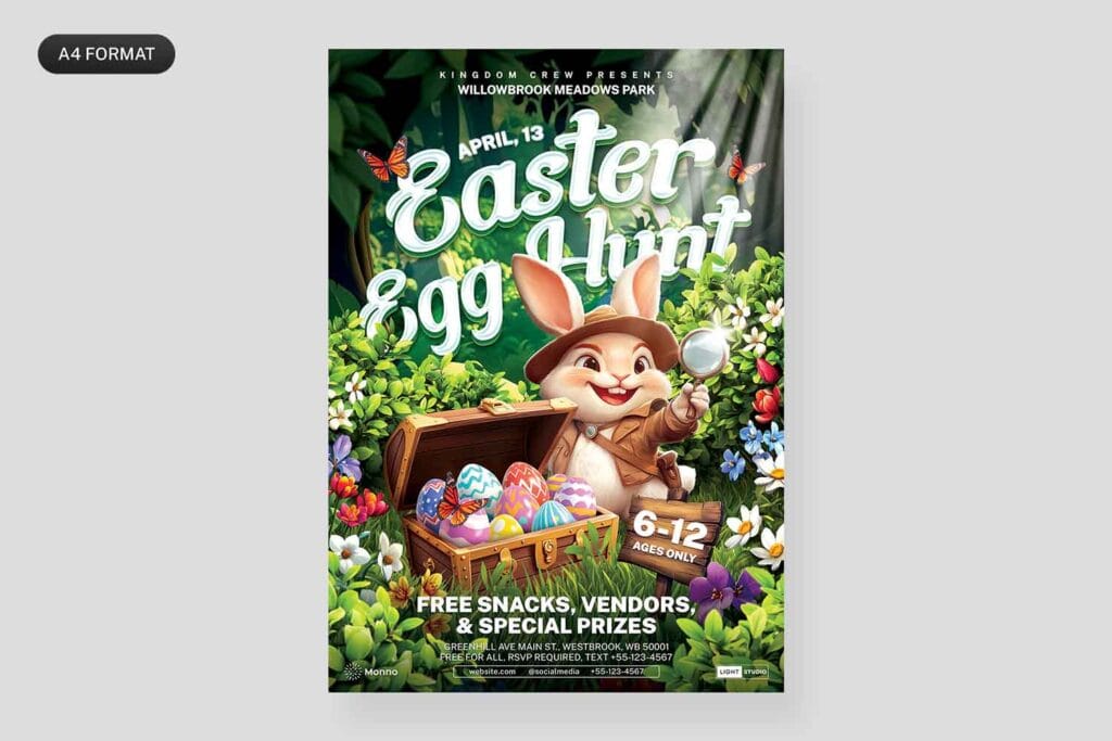 A4-sized Easter Egg Hunt flyer template with a festive design, showcasing a happy rabbit, hidden Easter eggs, and glowing typography. Ideal for kids’ events, school activities, and holiday celebrations.