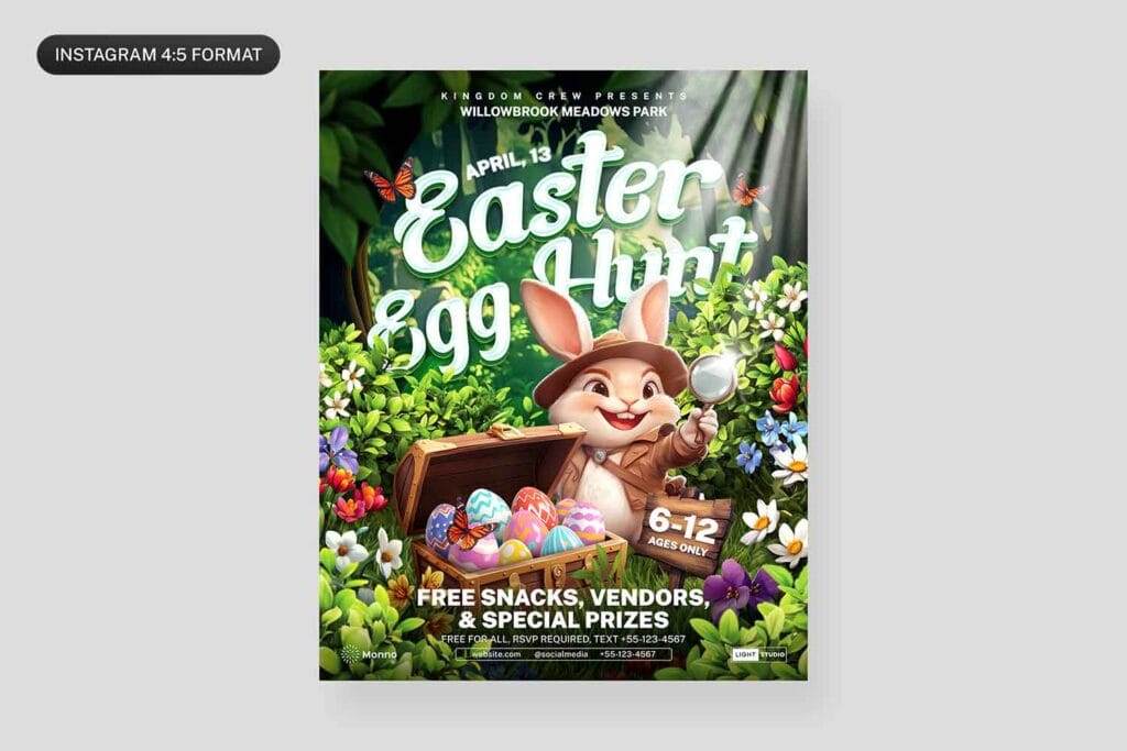Easter Egg Hunt promotional flyer optimized for Instagram 4:5 format. Features a fun cartoon bunny, bright typography, and lush garden scenery, perfect for social media event marketing.