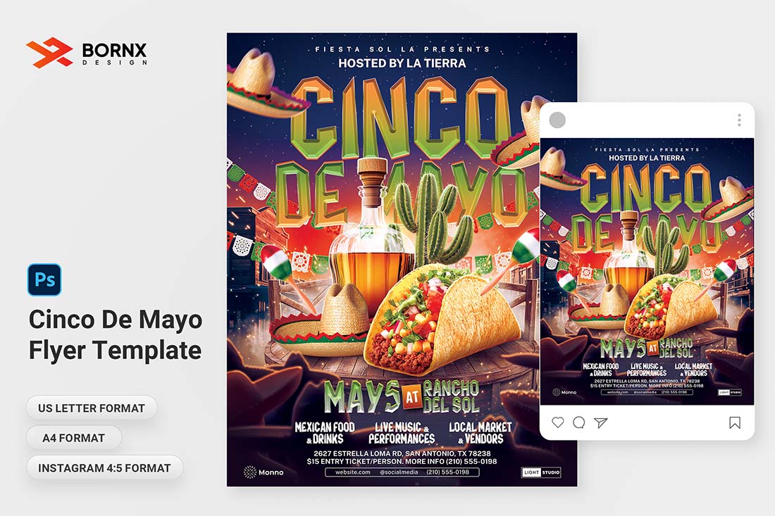 Cinco de Mayo flyer template PSD for Photoshop with taco, tequila, and festive decor
