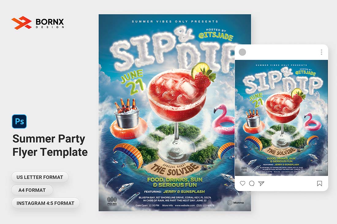 Summer party flyer template PSD for Photoshop with cocktail and beach island theme