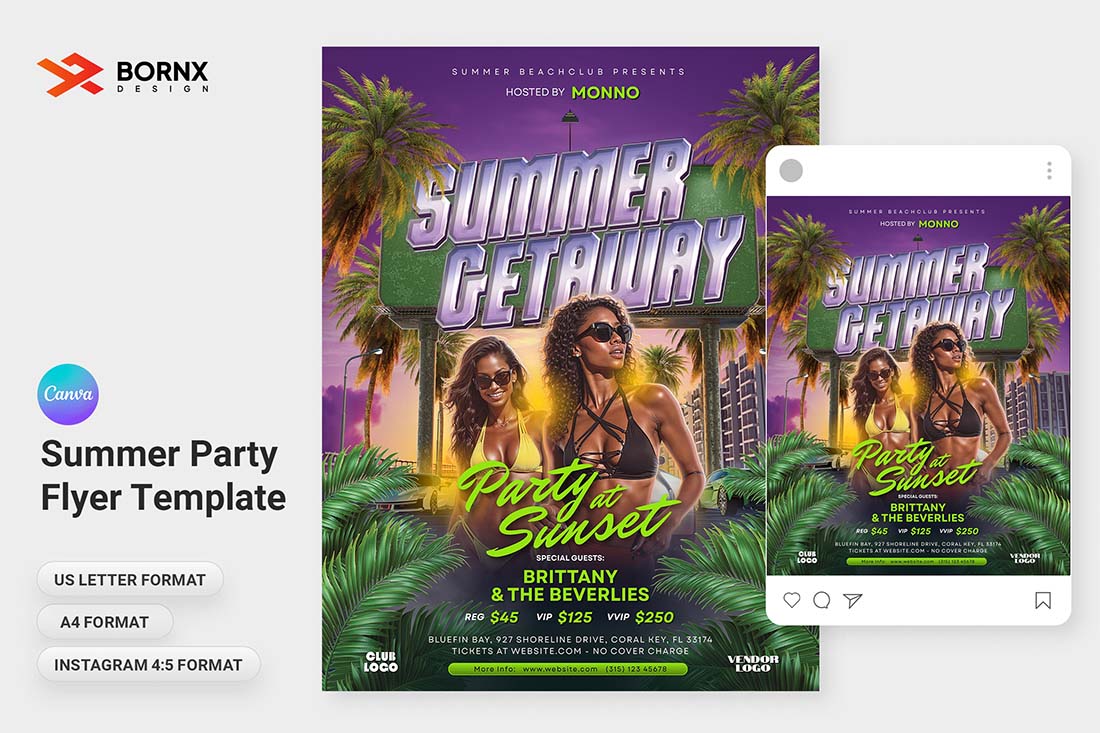 Summer Party Flyer Template Canva US Letter, A4, Instagram Post format
